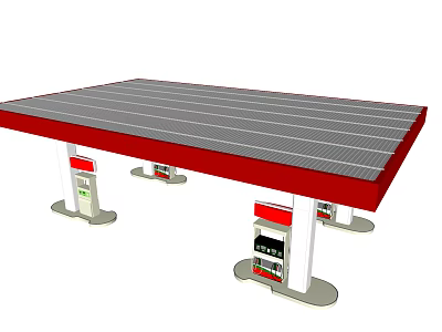 Gas Station Canopy With Red Roof Gray Solar Panels And Fuel Dispensers 3d model