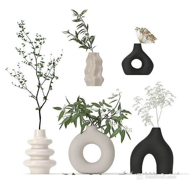 Modern Decorative Ornaments Set With Various Shaped Vases Green Plants And Dried Flowers 3d model 
