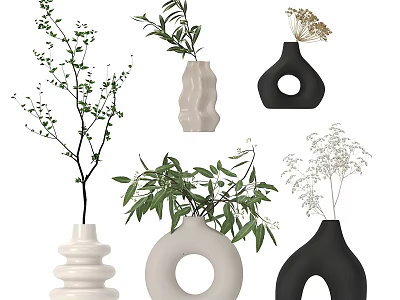 Modern Decorative Ornaments Set With Various Shaped Vases Green Plants And Dried Flowers 3d model