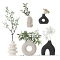 Modern Decorative Ornaments Set With Various Shaped Vases Green Plants And Dried Flowers