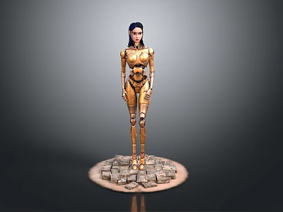 Golden Female Robot Figure Standing On Detailed Stone Pedestal With Metallic Design 3d model