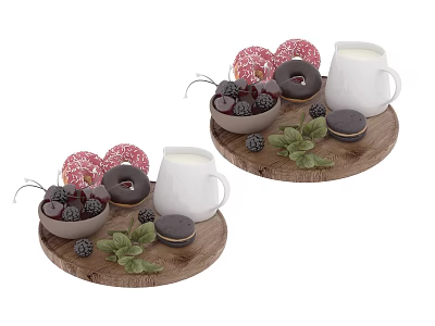 Wooden Trays With Colorful Donuts White Milk Mugs Cookies Fresh Berries And Mint Leaves 3d model