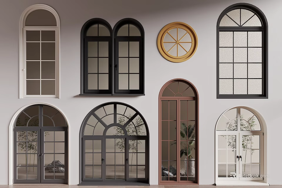 Various Arched Round And Double Panel Window Designs With Different Color Frames 3d model 