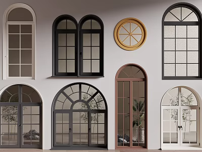 Various Arched Round And Double Panel Window Designs With Different Color Frames 3d model