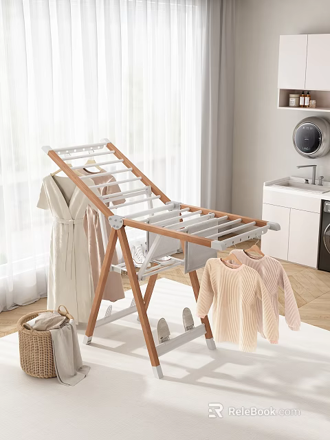 Foldable Wooden And Metal Clothes Drying Rack With Hanging Clothes In Bright Laundry Room 3d model 