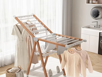 Foldable Wooden And Metal Clothes Drying Rack With Hanging Clothes In Bright Laundry Room 3d model