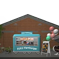 Scenic Outdoor View of Brick Building Triangle Roof Hamburger Cart Colorful Balloons and Seating 3d model