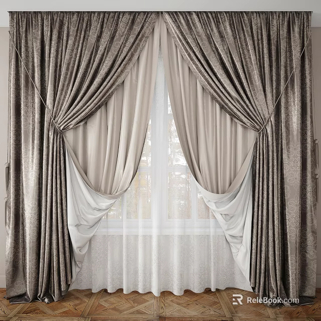 Elegant Silver Gray Curtains With Sheer White Layers And Pleated Design For Window 3d model 