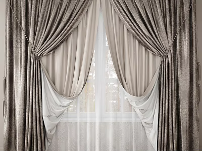 Elegant Silver Gray Curtains With Sheer White Layers And Pleated Design For Window 3d model