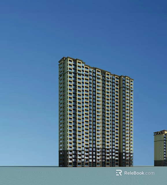 Modern High Rise Residential Building Exterior With Blue Sky And Windows 3d model 