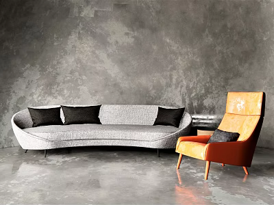 Gray Sectional Sofa with Black Cushions and Orange Armchair Against Gray Textured Wall and Floor 3d model