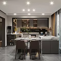 Modern Kitchen Interior Design With Island Counter Dining Table Chairs And Cabinets 3d model