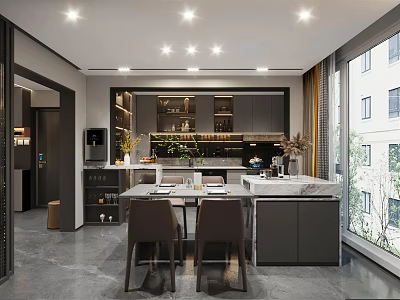 Modern Kitchen Interior Design With Island Counter Dining Table Chairs And Cabinets 3d model