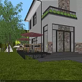 Detached Villa With White Exterior Stone Chimney Large Windows Lush Lawn And Outdoor Deck