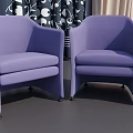 Two Purple Armchairs In Room With Black And White Patterned Curtains Beige Curtains Dark Floor