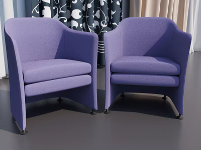 Two Purple Armchairs In Room With Black And White Patterned Curtains Beige Curtains Dark Floor 3d model