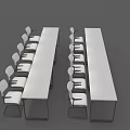 Two Long Conference Tables with White Armrest Chairs and Black Metal Legs