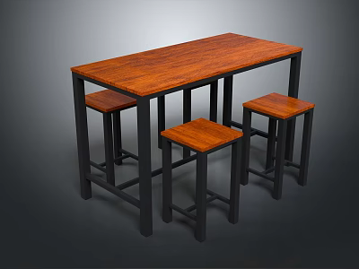 Simple Design Wooden Table with Black Metal Legs and Three Stools 3d model