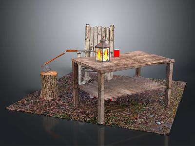 Rustic Outdoor Setup With Wooden Table Chair Lit Lantern Axe And Tree Stump 3d model