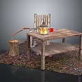 Rustic Outdoor Setup With Wooden Table Chair Lit Lantern Axe And Tree Stump