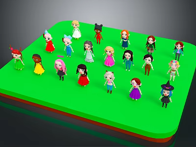 Colorful Cartoon Characters With Various Hairstyles And Outfits On Green Platform 3d model