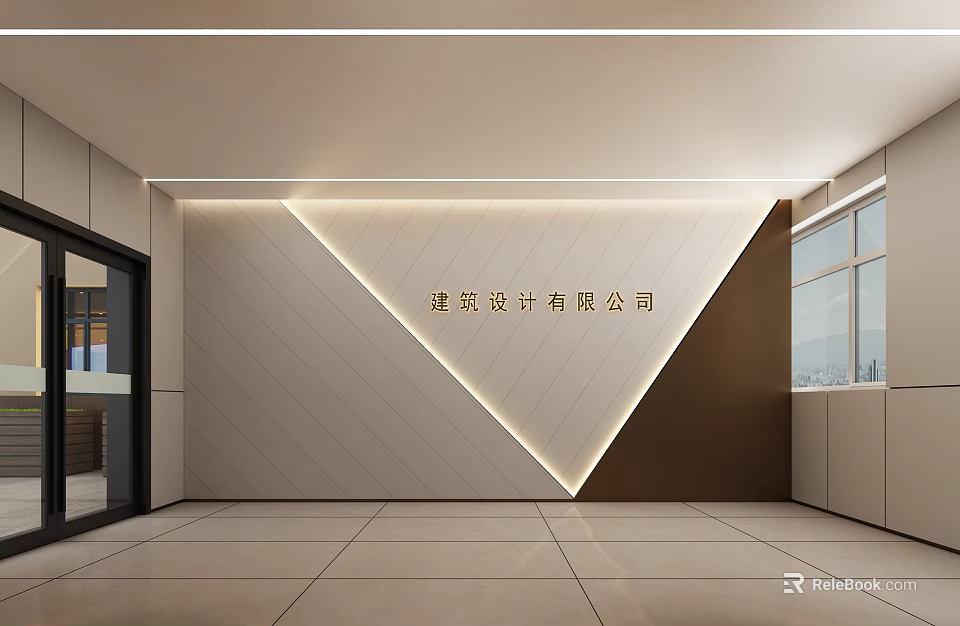 Modern Elevator Lobby Design With Geometric Wall Lighting Strip And Tile Floor 3d model