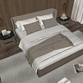 Modern Double Bed with Upholstered Headboard Beige Pillows and Throw Blanket on Light Rug