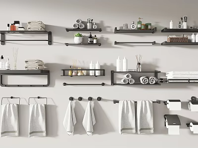 Multi Layer Black Wall Mounted Bathroom Shelves With Towels Toiletries And Toilet Paper 3d model