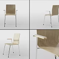 Sleek Wooden Leisure Chair With Metal Frame Armrests And Multiple Angle Views