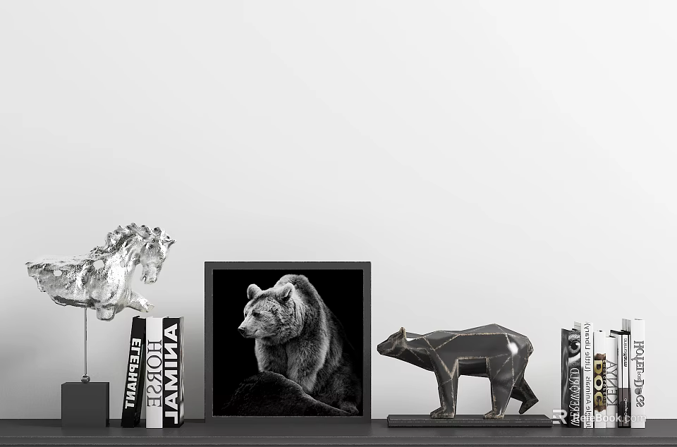 Modern Decorative Ornament Set With Metallic Bear Sculpture Framed Picture And Books 3d model 