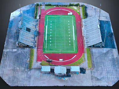 Aerial View of Stadium With Green Football Field Red Track and Seating Stands 3d model
