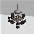 Square Entertainment Table With Four Black Chairs Small Stools Overhead Light And Central Game Area