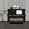 Stylish Modern Interior With Black Piano Wall Paintings Music Sheet Tufted Bench And Green Plant