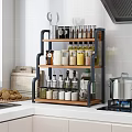 Multi Tier Kitchen Storage Shelf With Spice Jars Cooking Utensils On Countertop 3d model