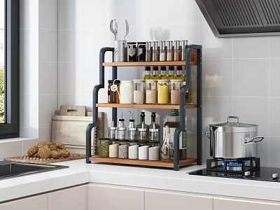 Multi Tier Kitchen Storage Shelf With Spice Jars Cooking Utensils On Countertop 3d model