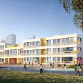 Modern School Building With Colorful Facade And Playground