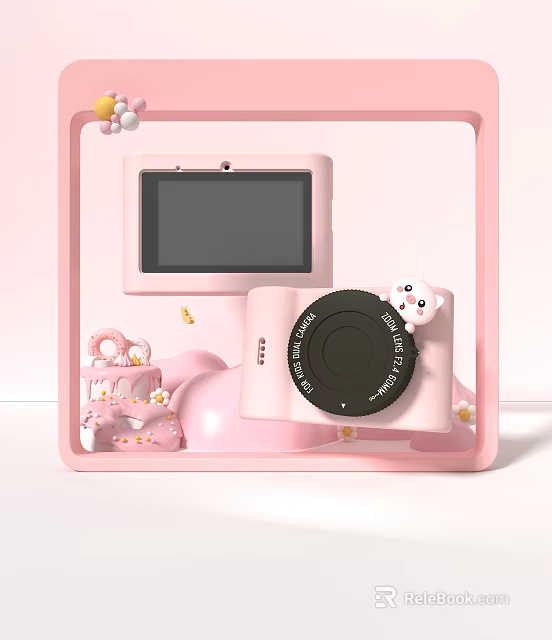 Pink Smart Camera With Screen And Cute Cartoon Cat Cake Decorations In Frame 3d model