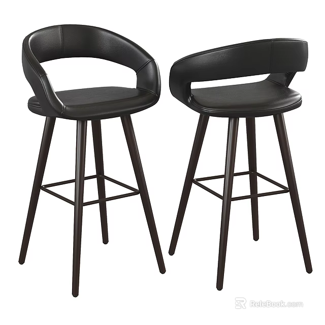 Modern Black Bar Stools With Arched Back Design And Dark Wooden Legs Set of Two 3d model 