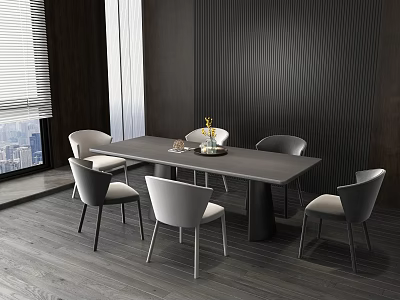 Modern Dining Table Set With Six Chairs Vase And Flowers By Dark Wall Window 3d model
