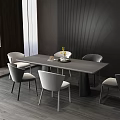 Modern Dining Table Set With Six Chairs Vase And Flowers By Dark Wall Window