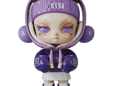 Adorable Purple Doll In Hoodie With Purple Eyes Big Earmuffs Purple Hat And White Bottom 3d model