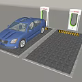 Toyota Electric Vehicle Charging Station With Blue Car Gridded Ground And Yellow Speed Bumps