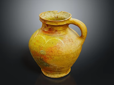 Ancient Yellow Orange Pottery Jar With Textured Surface Handle And Traditional Craftsmanship 3d model