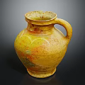 Ancient Yellow Orange Pottery Jar With Textured Surface Handle And Traditional Craftsmanship