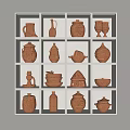 Various Clay Colored Ceramic Vessels Displayed In White Grid Shelf With Different Shapes 3d model
