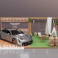 Aston Martin DBX Fashion Display With Wooden Structure Green Grass Barrels String Lights And Plants