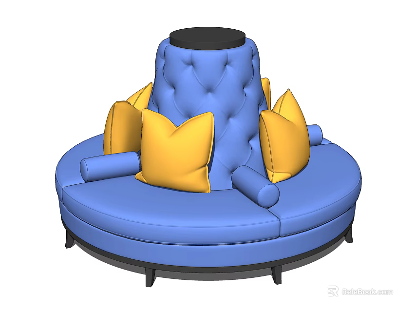 Blue Round Sectional Sofa With Yellow Cushions And Central Black Table 3d model