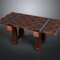 Rustic Wooden Table with Planked Top Secured by Metal Straps and Sturdy Legs