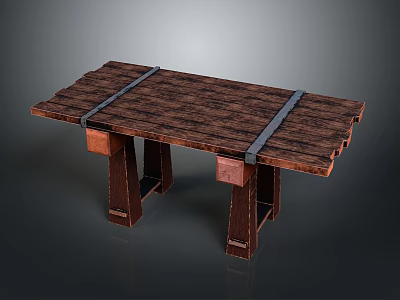 Rustic Wooden Table with Planked Top Secured by Metal Straps and Sturdy Legs 3d model
