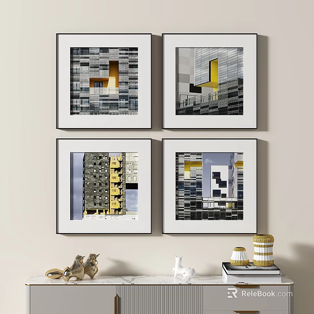 Modern Architectural Wall Art With Geometric Patterns And Yellow Accents In Framed Prints 3d model
